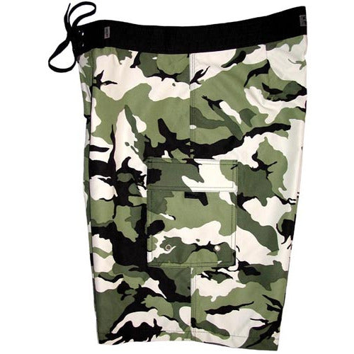 "Stealth Fanatic" Camo Boys + Girls Board Shorts. 8" Inseam / 18.5" Outseam (Moss) - Board Shorts World