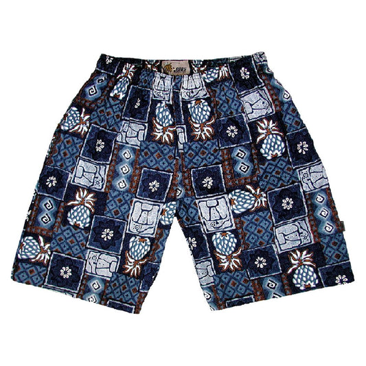 "Colada Collage" LONG 100% Cotton Beach Shorts (Blue) 9.5" Inseam / approx.  22" Outseam