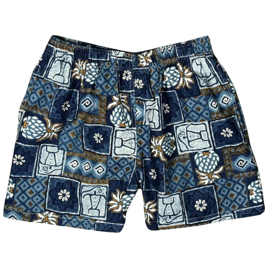 "Colada Collage" SHORT 100% Cotton Beach Shorts (Blue) 4.5" Inseam / approx.  17" Outseam