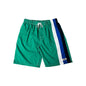 Men's Green elastic waist 
board swim shorts with color-blocked side panels with side pockets on a white background
