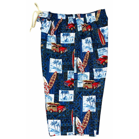 "Postcards" (Blue) Men's Elastic Waist Board Shorts w/ on-seam Pockets (Select Custom Outseam 18" - 28")