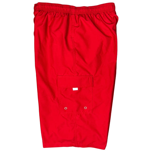 Men's Elastic Waist Board Shorts w/ DOUBLE CARGO Pockets (Select Custom Outseam 18" - 28").  Solid Red.