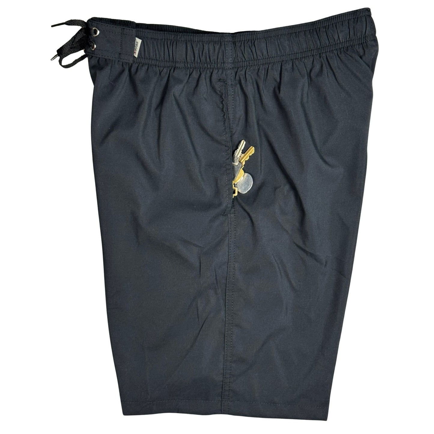 !Solid Black | Black OR White Stitch | M's ELASTIC Waist Board Shorts | Mid Length