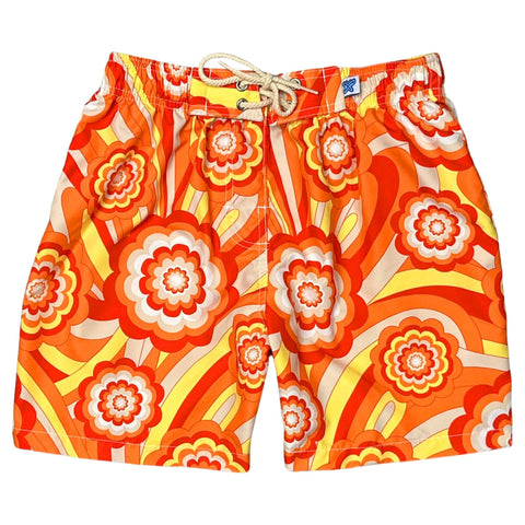 "Yellow Brick Road" Womens Elastic Waist Swim Board Shorts. REGULAR Rise + 5" Inseam (Orange)