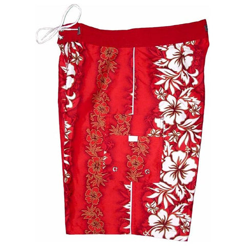 **Fixed (Non Elastic) Waist Board Shorts "Conga Line" (Red) Print Men's CUSTOM