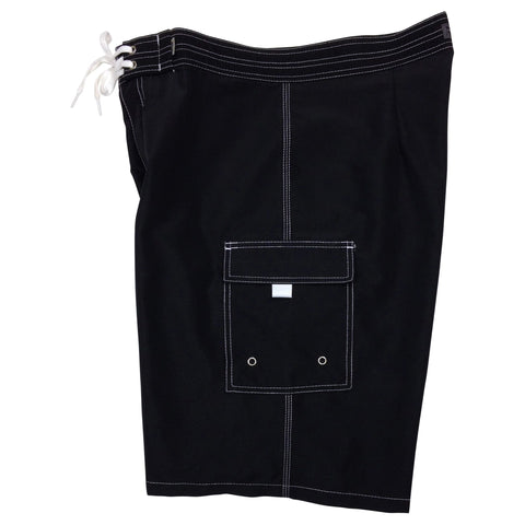 "A Solid Color" (Black/White Stitch) Double Cargo Pocket Board Shorts (Select Custom Outseam 18" - 28")