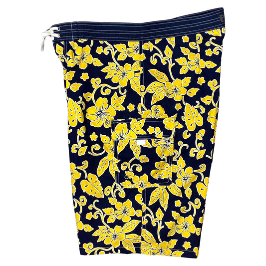 **Fixed (Non Elastic) Waist Board Shorts "Warming Trend" (Navy+Yellow) Print Mens CUSTOM