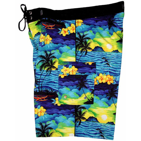 **Fixed (Non Elastic) Waist Board Shorts "Picture This" (Blue) Print Mens CUSTOM