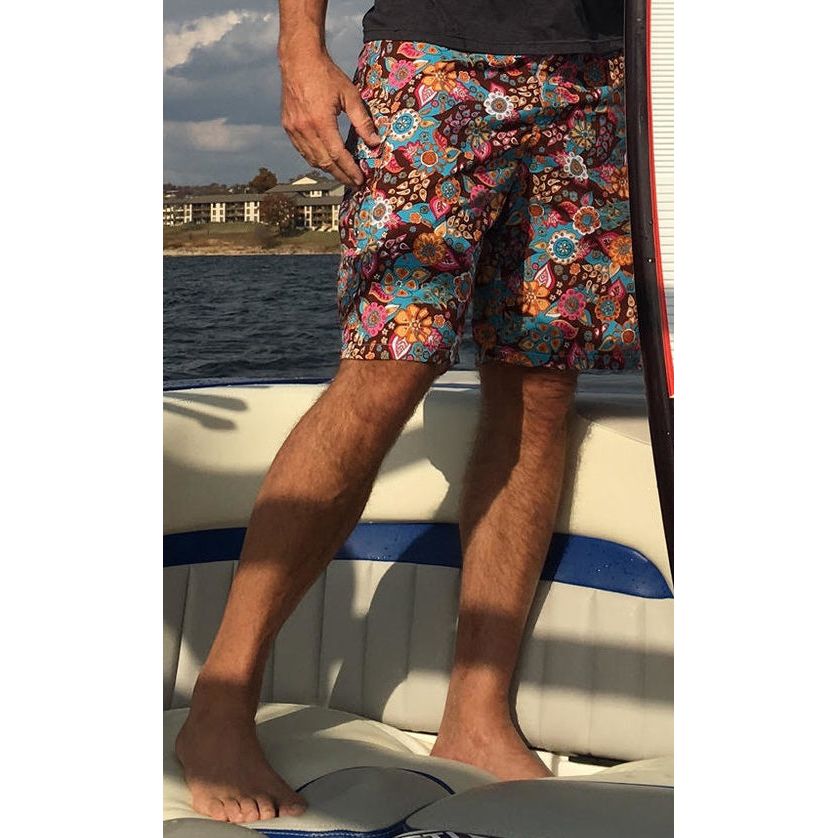 "Carnival" (Brown) Men's Elastic Waist Board Shorts w/Side Seam Pocket