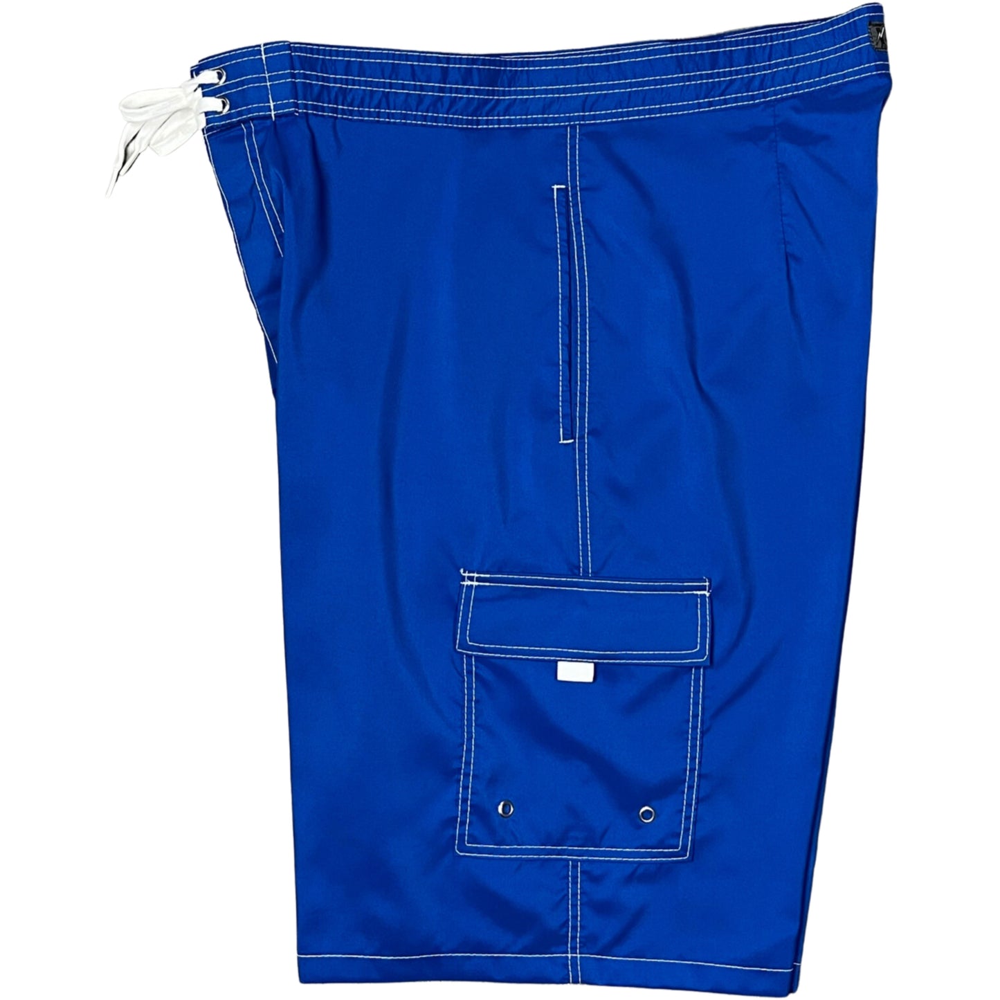 "Pack Rat" Solid Color Mens 4-Pocket (Double Cargo + Side Seam Pockets) Board Shorts (Royal) (Select Custom Outseam 22" - 27")
