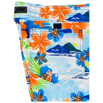 "2 Tickets to Paradise" Mens Board Shorts w/ Dual Cargo Pockets.  17.5" Outseam / 5" Inseam (Blue)