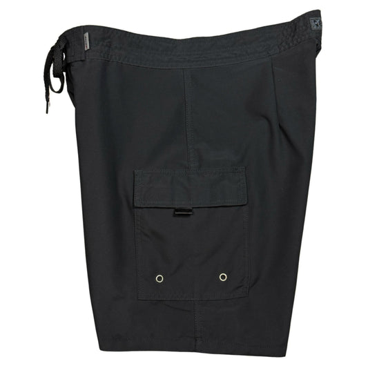!!Solid Black + Black Stitching | M's NON-Elastic Waist Board Shorts | Retro Short Length