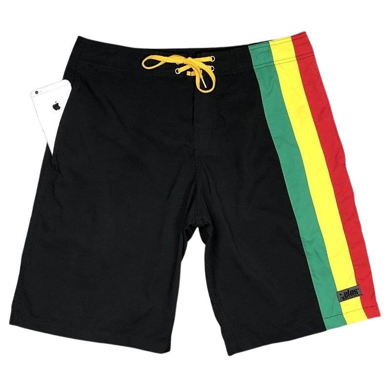 Men's black board swim shorts with color-blocked rasta reggae stripes red, green, and gold with side pockets 