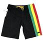 Men's black board swim shorts with color-blocked rasta reggae stripes red, green, and gold with side pockets 