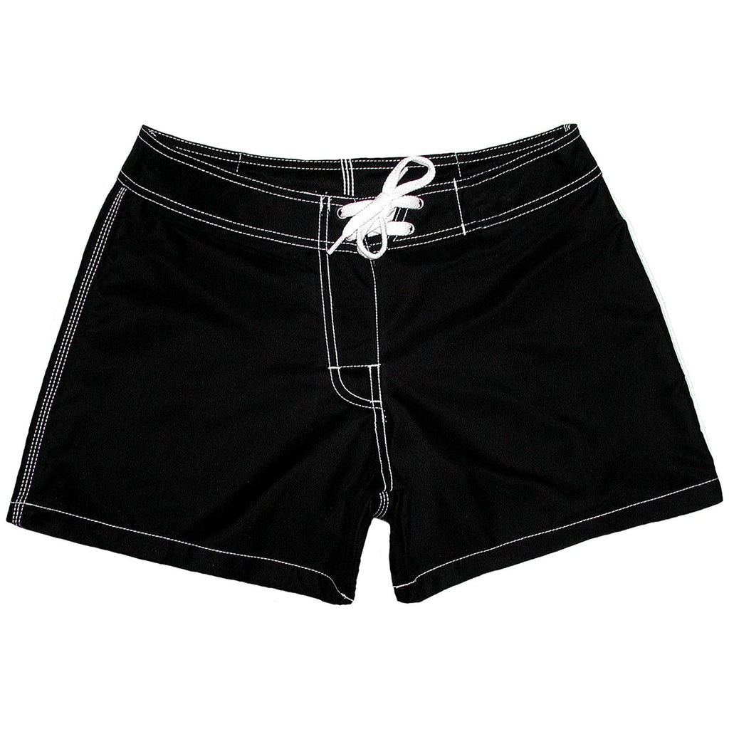 "A Solid Color" BEST SELLING Women's (Swim) Board Shorts - Regular Rise / 5" Inseam (Black+White Stitching)