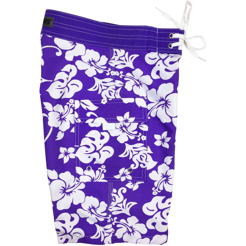 "Pure Hibiscus" Boys + Girls Board Shorts. 8" Inseam / 18.5" Outseam (Purple)