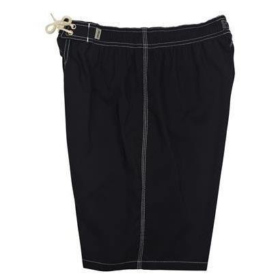 "A Solid Color" Mens Elastic Waist Board Shorts - 22" Outseam / 9.5" Inseam (Black+White Stitching) - Board Shorts World