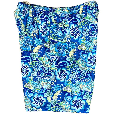 "Lucy in the Sky"  Mens Elastic Waist Board Shorts - 19.5" Outseam / 7" Inseam (Blue)