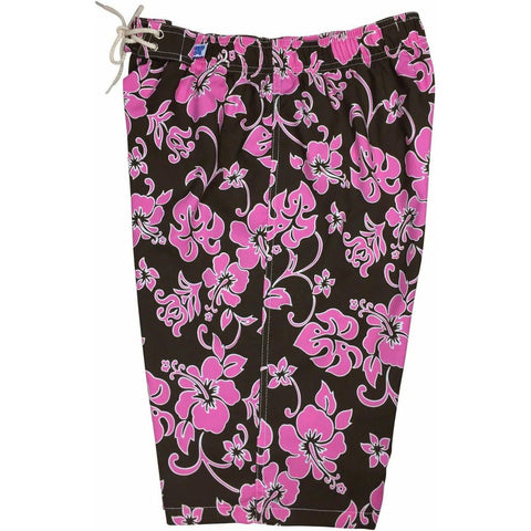 "Pure Hibiscus" (Brown+Pink) Elastic Waist Board Shorts. Regular Rise or High Waist.  Women's CUSTOM