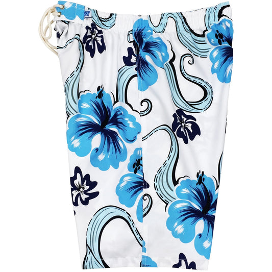 "Tailspin" Womens Elastic Waist Swim Board Shorts.  HIGH Rise + 11" Inseam (White, Blue, or Chocolate) - Board Shorts World