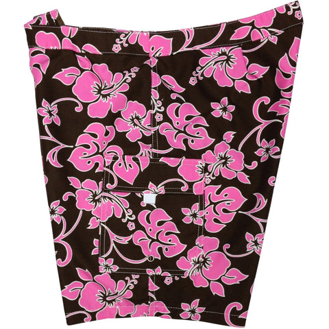 Lower Rise NON-Elastic Waist Board Shorts. "Pure Hibiscus" (Brown+Pink) Womens CUSTOM