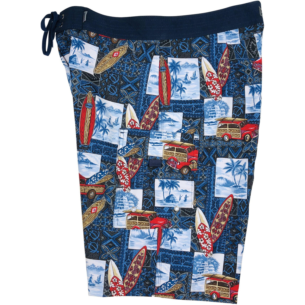 ***NEW*** Fixed (Non Elastic) Waist Board Shorts "Postcard" (Blue) Print Mens CUSTOM - Board Shorts World