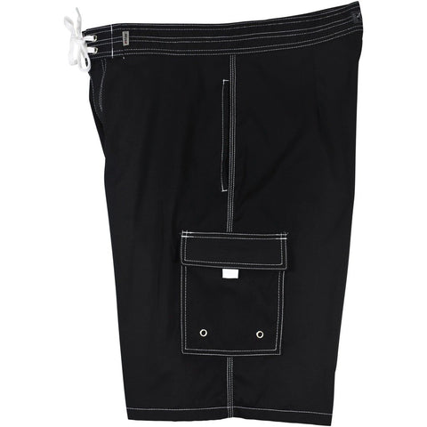 "Pack Rat" Solid Color Mens 4-Pocket (Double Cargo + Side Seam Pockets) Board Shorts (Black) (Select Custom Outseam 22" - 27")