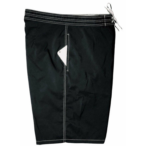 Solid BLACK (white stitching) Side Pockets Board Shorts (Select Custom Outseam 22" - 27")