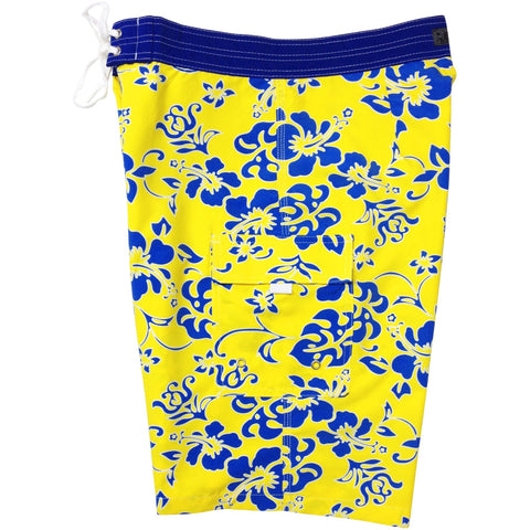 **Fixed (Non Elastic) Waist Board Shorts "Warming Trend" (Yellow+Blue) Print Mens CUSTOM