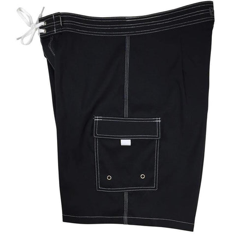 "A Solid Color" Mens Board Shorts - 19.5" Outseam / 7" Inseam (Black+White Stitching) - Board Shorts World