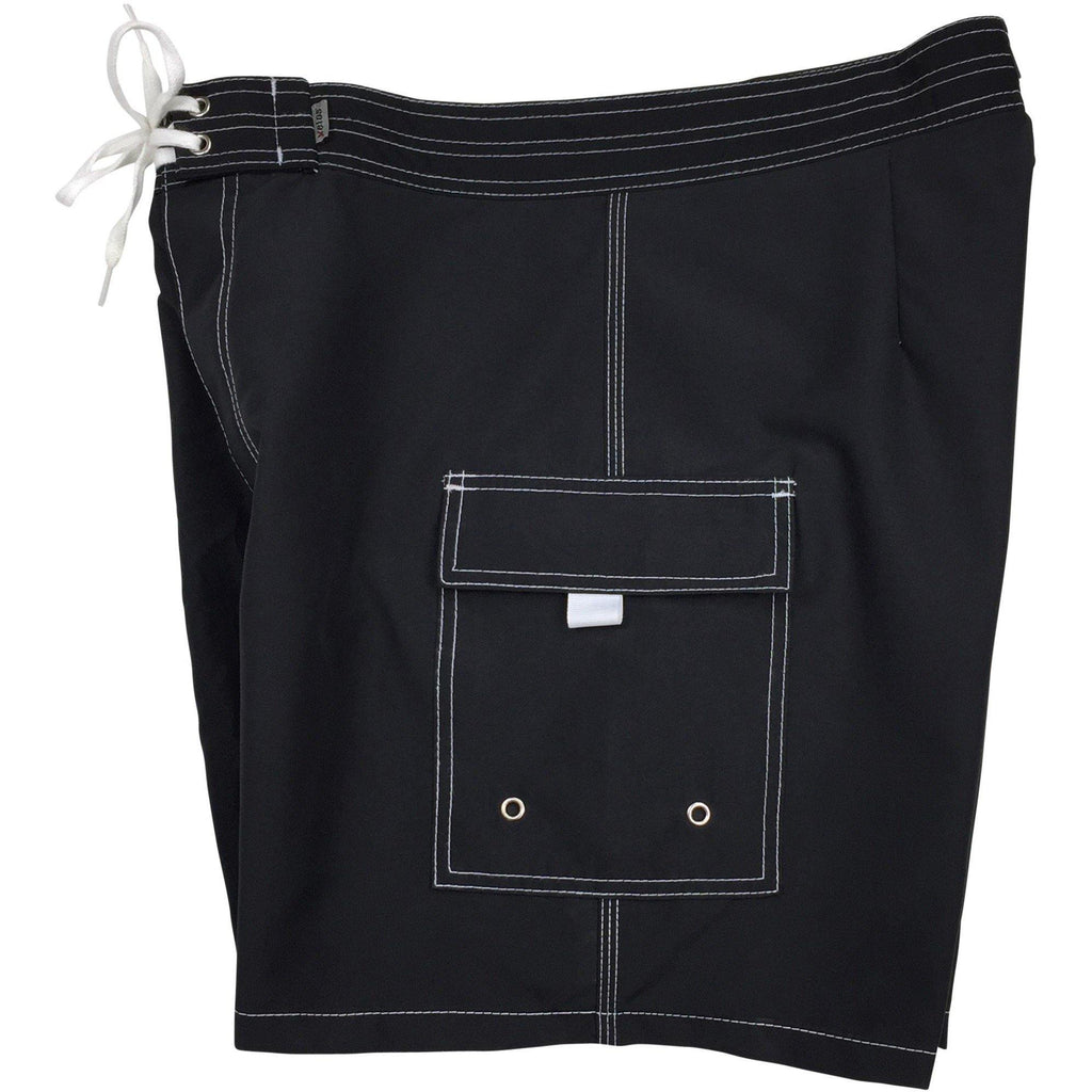 "A Solid Color" Mens Board Shorts w/ Dual Cargo Pockets.  17.5" Outseam / 5" Inseam (Black+White Stitching) - Board Shorts World