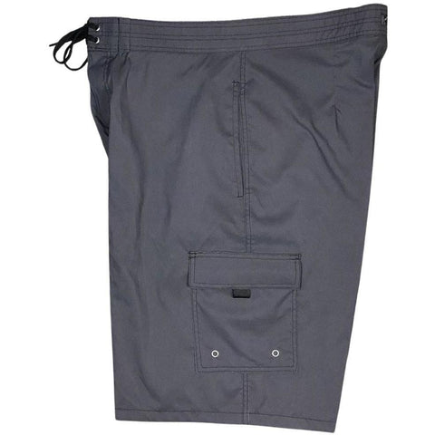 "Pack Rat" Solid Color Mens 4-Pocket (Double Cargo + Side Seam Pockets) Board Shorts (Charcoal) (Select Custom Outseam 22" - 27")