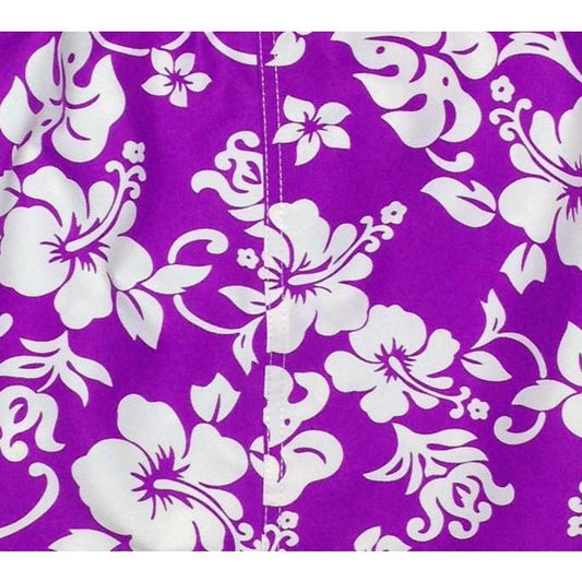 "Pure Hibiscus" Womens Elastic Waist Swim Board Shorts. REGULAR Rise + 5" Inseam (Purple) - Board Shorts World