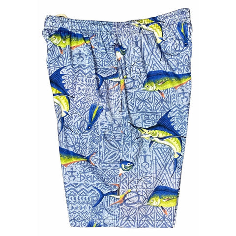 "Fighting Chair"  Mens 100% Cotton Swim Trunks (with mesh liner) - 22" Outseam / 9.5" Inseam (Light Blue)