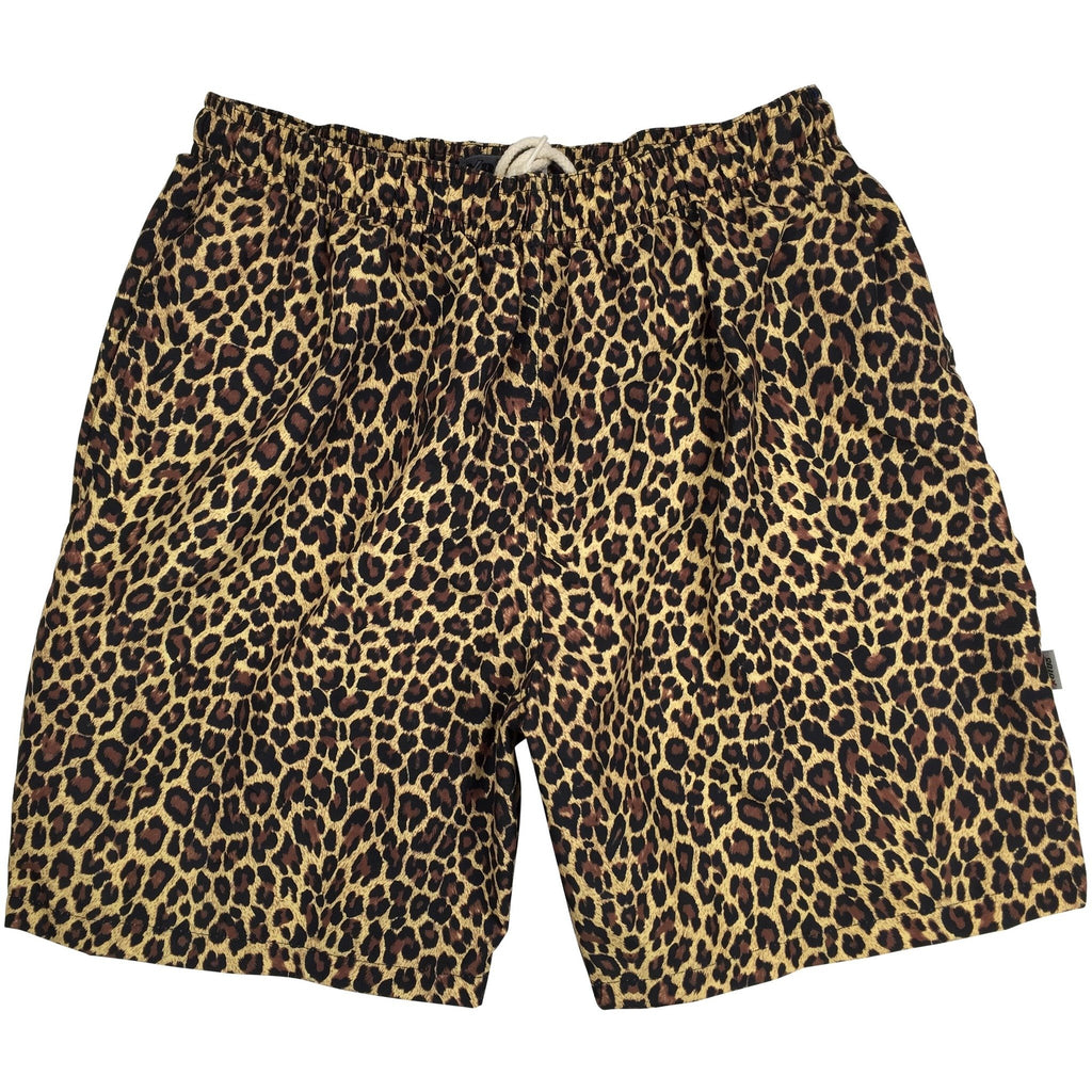 "Wild Weekend" Animal Print Mens Swim Trunks (with mesh liner) - 22" Outseam / 9.5" Inseam (Brown)