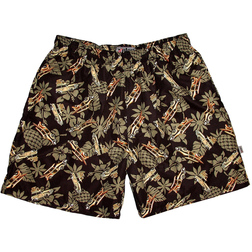 "One for the Road" Woodie Cars Mens (6.5" Inseam / 19" Outseam) Swim Trunks (Olive) - Board Shorts World