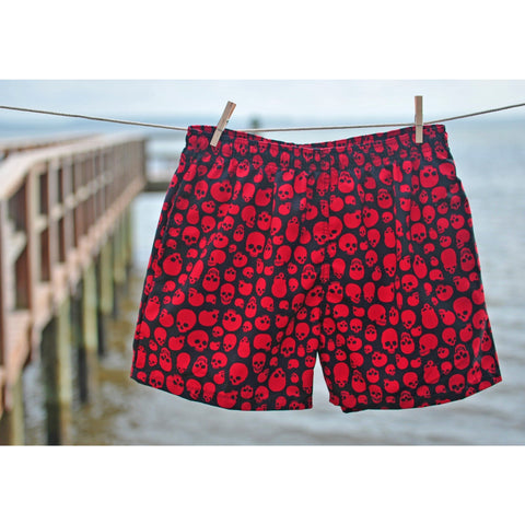 "Live to Ride" Skulls Print Mens Swim Trunks (with mesh liner) - 17" Outseam / 4.5" Inseam (Black+Red, Black+White, or Black+Charcoal) - Board Shorts World - 1