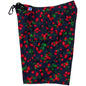 "A La Mode" Cherries Print Womens Board Shorts - Regular Rise / 10.5" Inseam (Black) - Board Shorts World