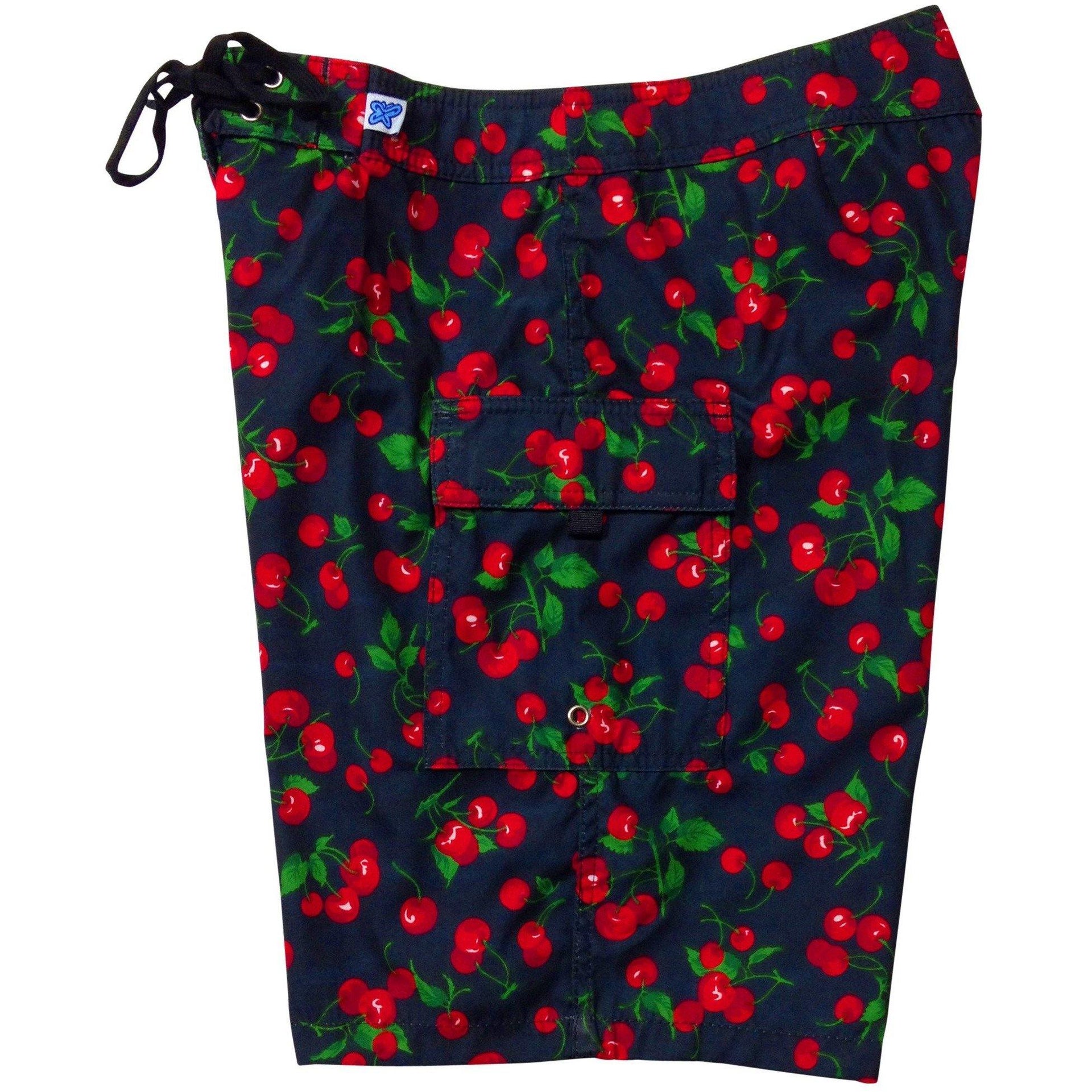 "A La Mode" Cherries Print Womens Board Shorts - Regular Rise / 10.5" Inseam (Black)
