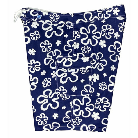 "Flower Power" Womens 100% Cotton Canvas Board Shorts - Regular Rise / 10.5" Inseam (Blue)