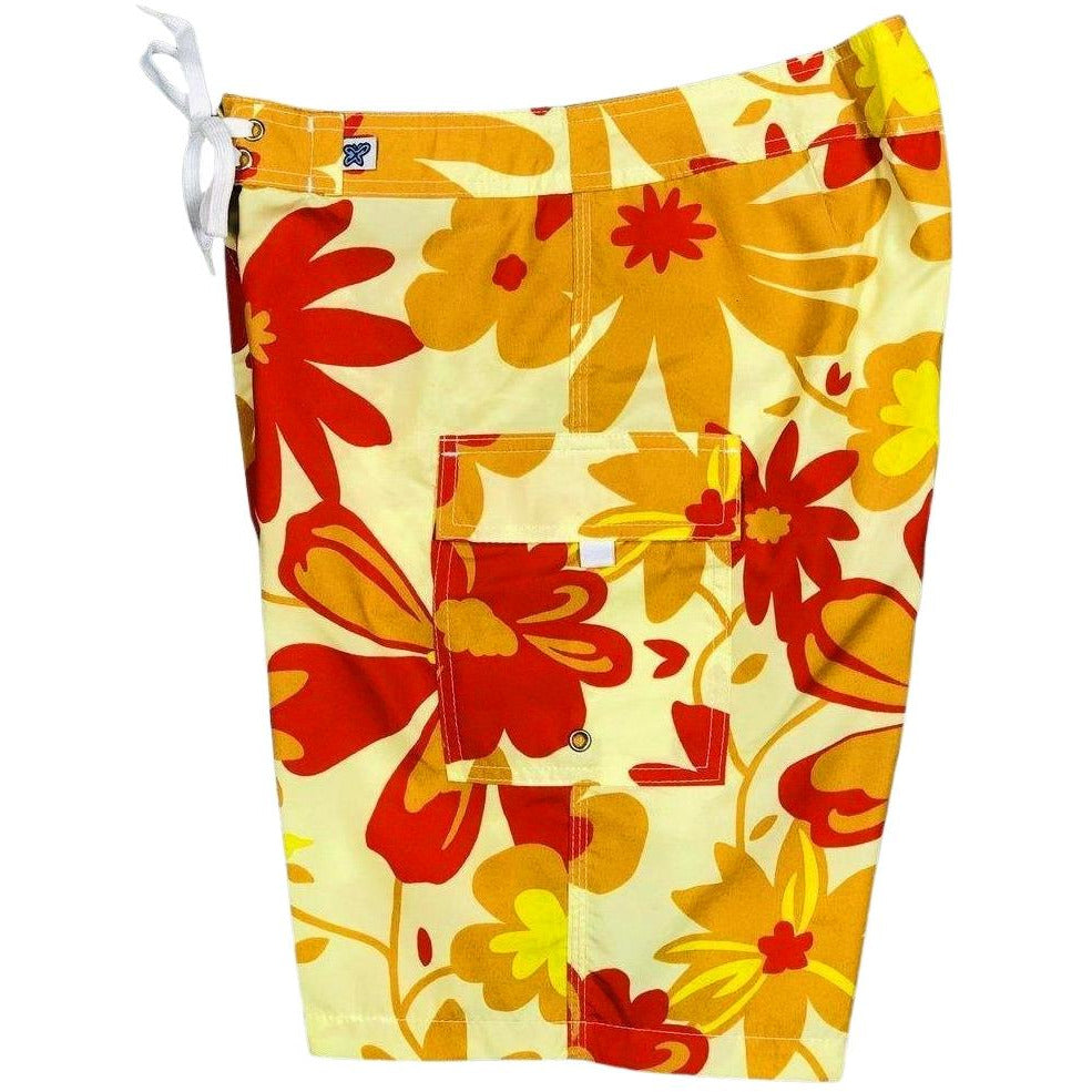 Fixed (Non Elastic) Waist Womens Board Shorts "Happy Camper" (Gold) * CUSTOM *