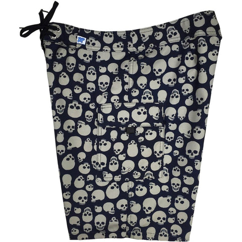 "Live to Ride" Skulls Print Womens Board Shorts - Regular Rise / 10.5" Inseam (Black+Charcoal)