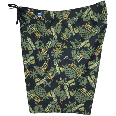 "One for the Road" Woodie Cars Womens Board Shorts - Regular Rise / 10.5" Inseam (Olive) - Board Shorts World