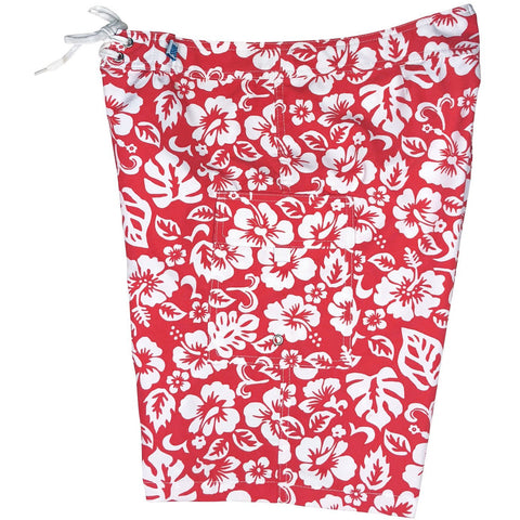 Fixed (Non Elastic) Waist Womens Board Shorts "Pure Hibiscus Too" (Red)  * CUSTOM *