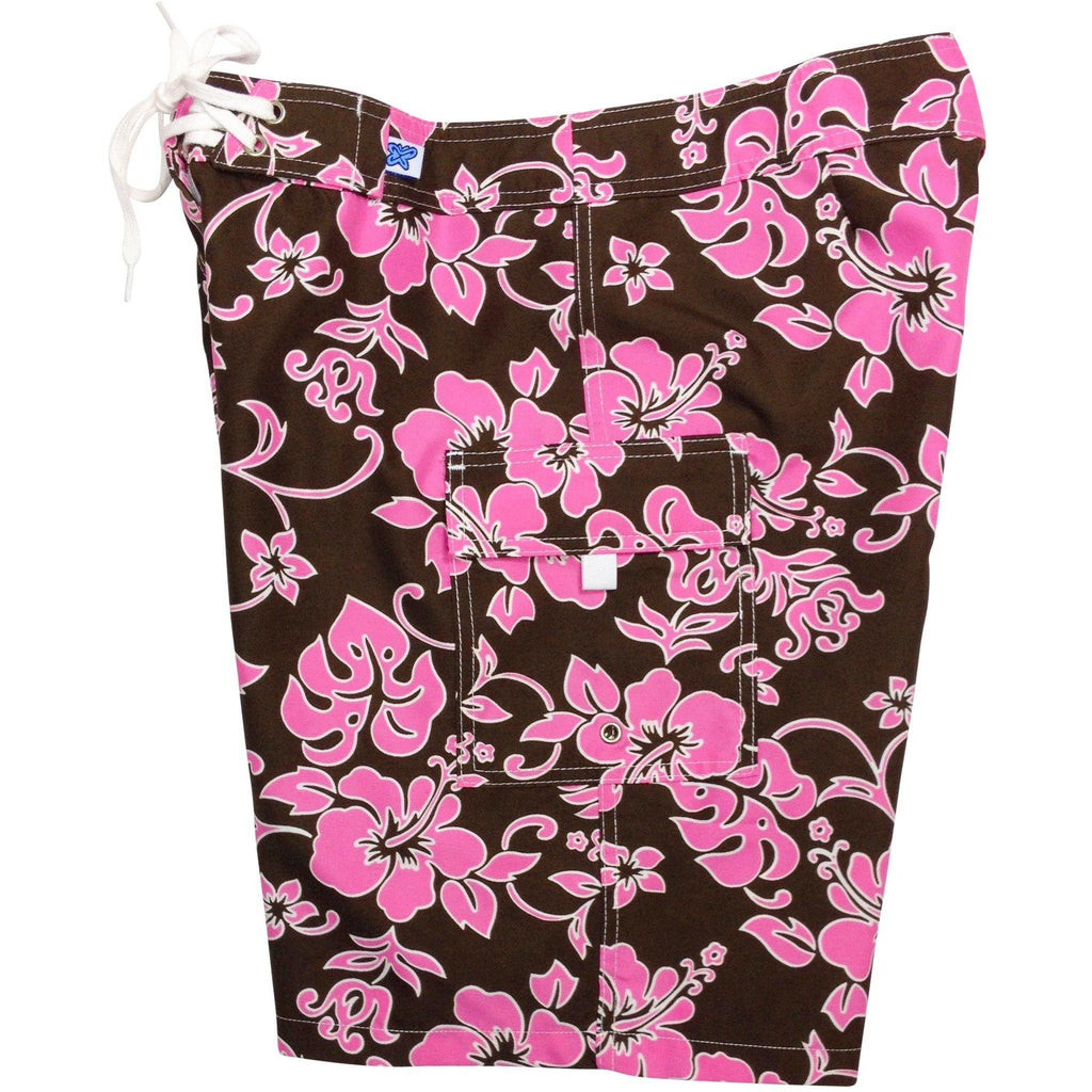 "Pure Hibiscus" Womens Board Shorts - Regular Rise / 10.5" Inseam (Brown+Pink) - Board Shorts World