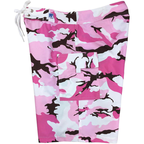 "Stealth Fanatic" Camo Print Womens Board Shorts - Regular Rise / 10.5" Inseam (Pink+Brown) - Board Shorts World