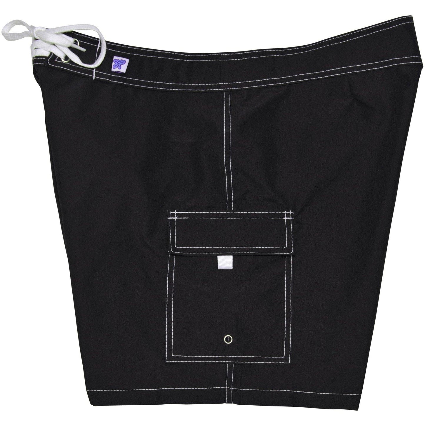 "Manoa" SOLID (Black + White Stitching) Build-Your-Own 100% Cotton Women's NON- Elastic Swim (Board) Shorts - Board Shorts World