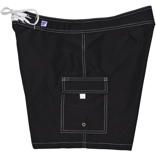"Manoa" SOLID (Black + White Stitching) Build-Your-Own 100% Cotton Women's NON- Elastic Swim (Board) Shorts - Board Shorts World
