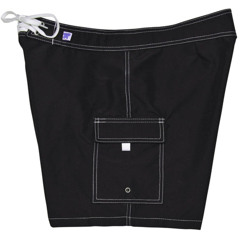 "A Solid Color" Women's Board Shorts - Regular Rise / 7" Inseam (Black + White Stitching) - Board Shorts World