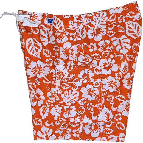 **NEW** "Pure Hibiscus Too" Womens Board Shorts - Regular Rise / 7" Inseam (Orange) - Board Shorts World